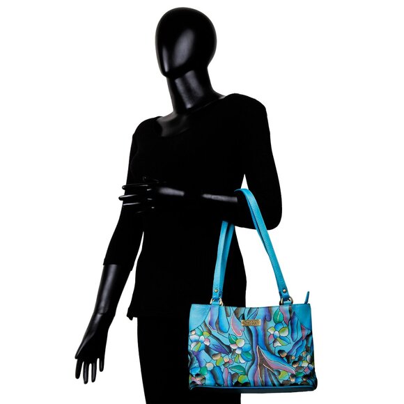Hand-Painted Aqua Blue Abstract Artwork Ladies Leather Shoulder Tote Bag - Picture 7 of 7